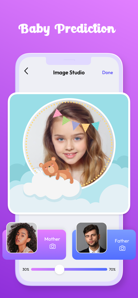 What Will My Baby Look Like - Future baby face prediction screen with mother and father photos