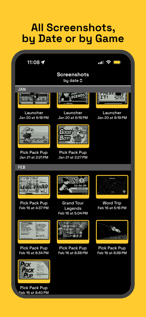 Playmate - Playdate Companion - Gallery view in the Playmate app showing Playdate game screenshots organized by date.