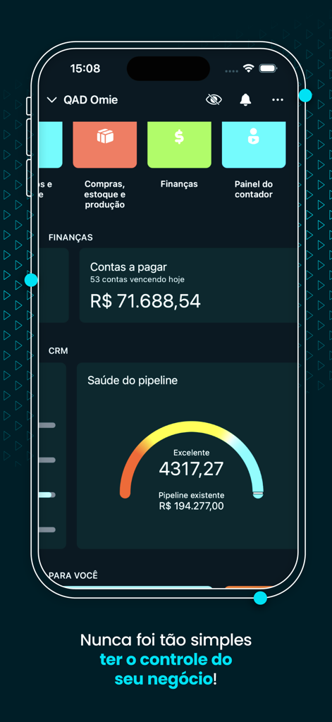 Omie - Tela do aplicativo Omie mostrando dados financeiros do negócio e indicadores de saúde do CRM
