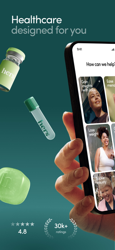 Hers: Women’s Healthcare - A hand holding a smartphone showing the Hers app interface with various personalized healthcare options for women