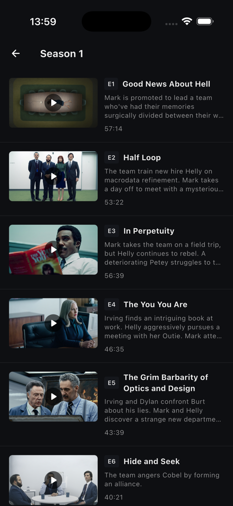 Plezy Client - Una lista de episodios de programas de televisión con títulos y descripciones en la interfaz de la aplicación Plezy Client.