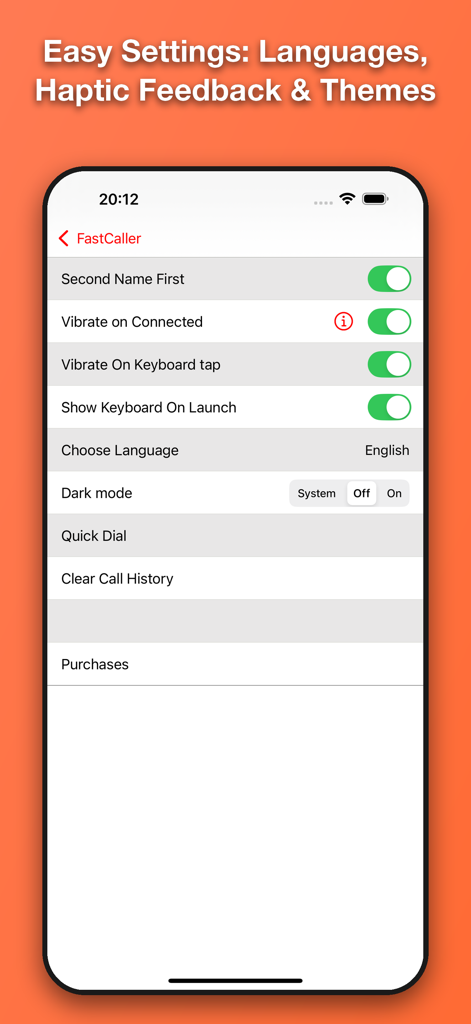 FastCaller - FastCaller app settings screen showing options for vibration language and dark mode themes