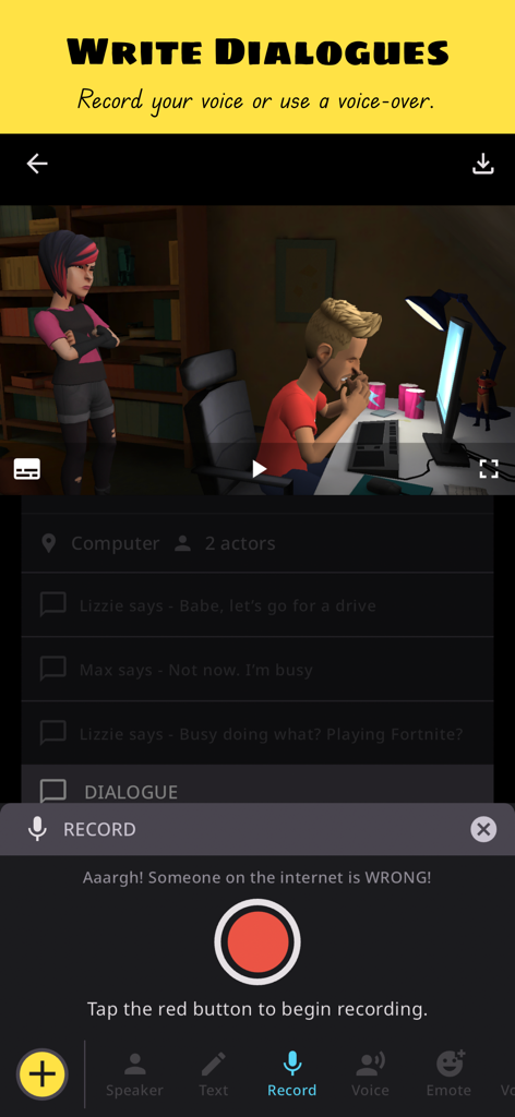 Interface of the Plotagon Studio app showing the dialogue writing and voice recording tools for a 3D animation scene.