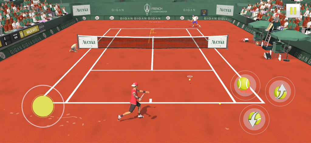 3D tennis simulation gameplay on a red clay court showing player controls