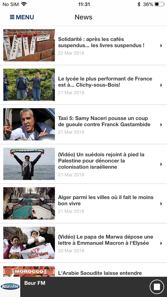 Beur FM - Capture d'écran de la section d'actualités de l'application Beur FM affichant une liste d'articles d'actualités français avec titres et miniatures