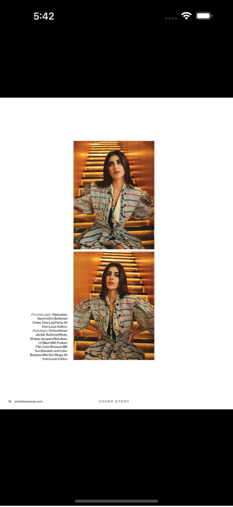 Emirates Woman - A high-fashion cover story featuring a woman in a Louis Vuitton outfit in the Emirates Woman app.