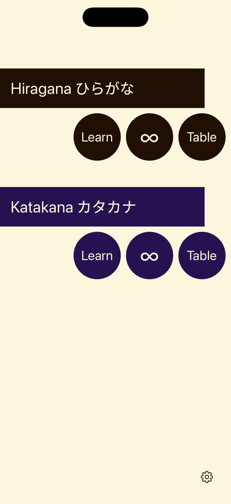 Menu principale dell'app Kana School che mostra le opzioni di apprendimento per Hiragana e Katakana