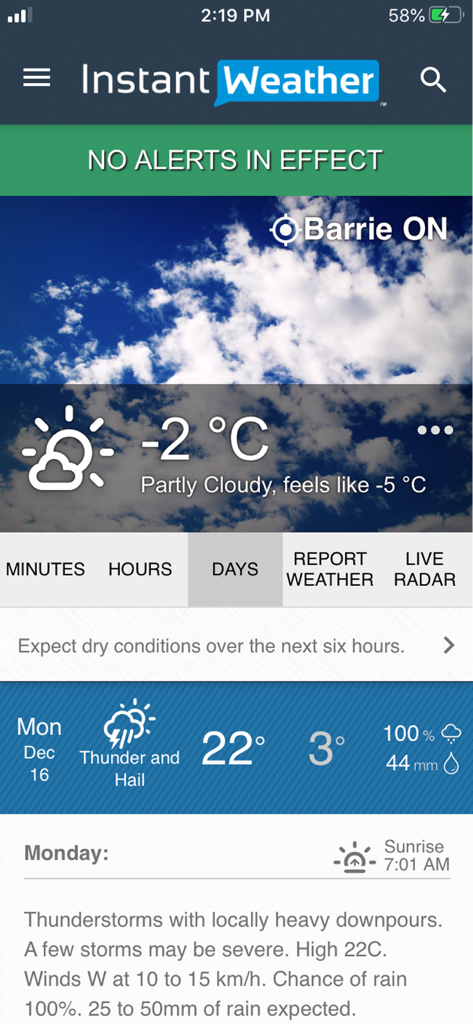 Instant Weather - Interface of the Instant Weather app showing current temperature in Barrie and a detailed daily forecast for thunderstorms.