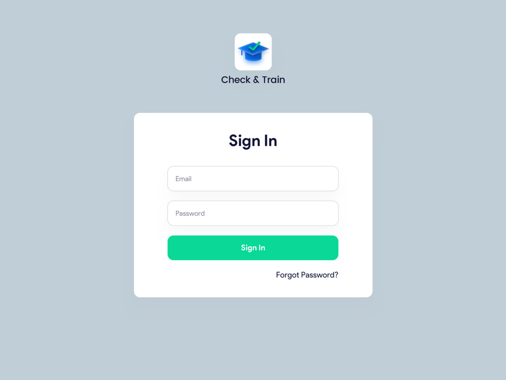 Login screen for the Check and Train professional training app featuring email and password input fields