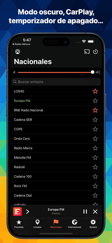 Oberfläche der Radio FM App, die eine Liste spanischer nationaler Radiosender im Dark Mode anzeigt.