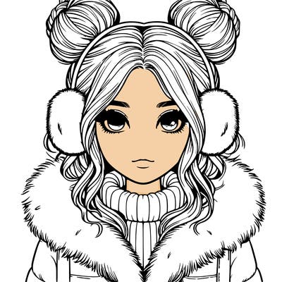 realistic girl with buns on her head wearing fur coat and earmuffs
