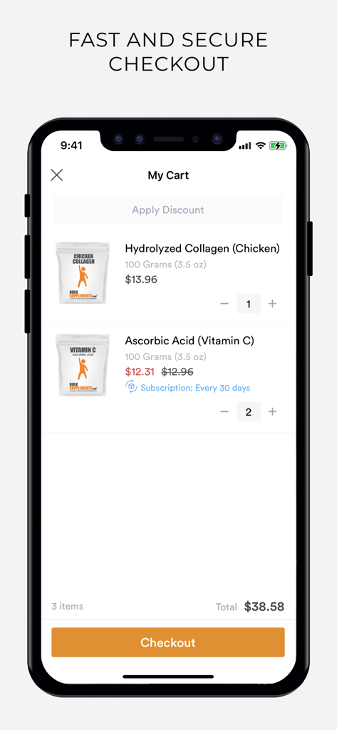 BulkSupplements Mobile App-Warenkorb, der Kollagen- und Vitamin-C-Präparate mit einer Checkout-Schaltfläche anzeigt