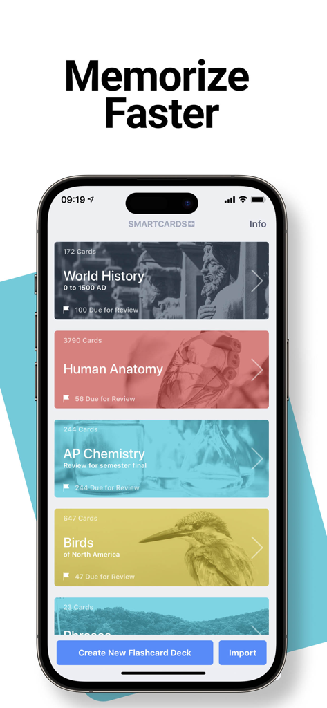 SmartCards plus 앱의 메인 대시보드. 해부학, 화학, 세계사 학습 덱 표시
