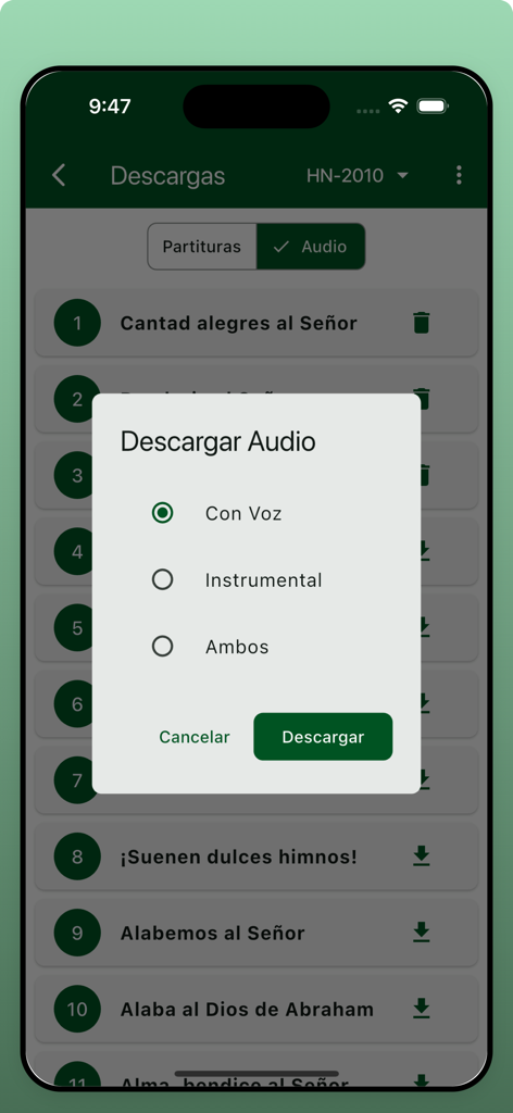 Himnario Adventista 7mo Día - A mobile interface from the Himnario Adventista app showing a popup menu to download hymns with voice or instrumental audio options.