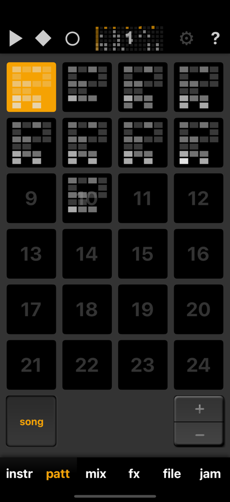 Elastic Drums - Pattern sequencer grid in the Elastic Drums app interface with pattern one highlighted in orange