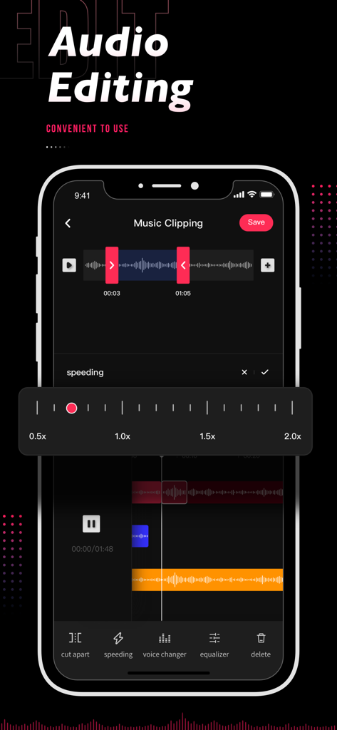 audiolab - audio clip editor - Audiolab app interface showing music clipping and speed adjustment tools.