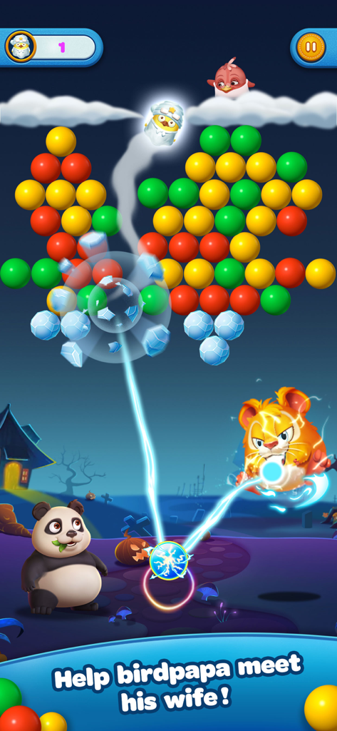 Bubble Shooter Panda Crush - A panda and a magical creature using energy to pop bubbles and rescue birdpapa