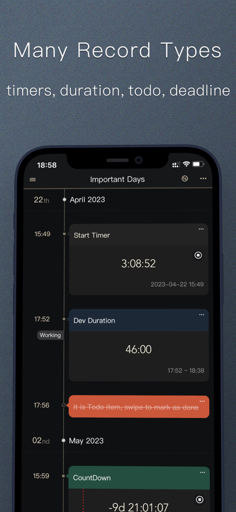 iTimely - Timeline & Milestone - Screenshot der iTimely-App-Oberfläche, die mehrere Datensatztypen wie Timer, Dauern und To-Do-Elemente auf einer vertikalen Timeline anzeigt.