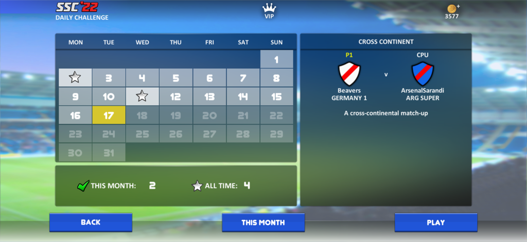 SSC '22 - Super Soccer Champs - SSC 22 Daily Challenge menu showing a monthly calendar and a scheduled match between two teams.