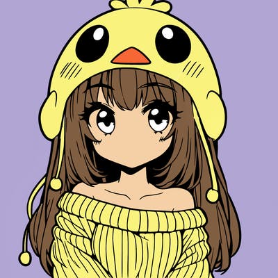 anime girl with chick shaped hat with sweater with bare shoulders with bangs covering them one eye with low tail