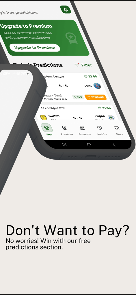 PickTips: Betting Predictions - PickTipsアプリのインターフェース。PSGのような試合の無料サッカーベッティング予測を表示。