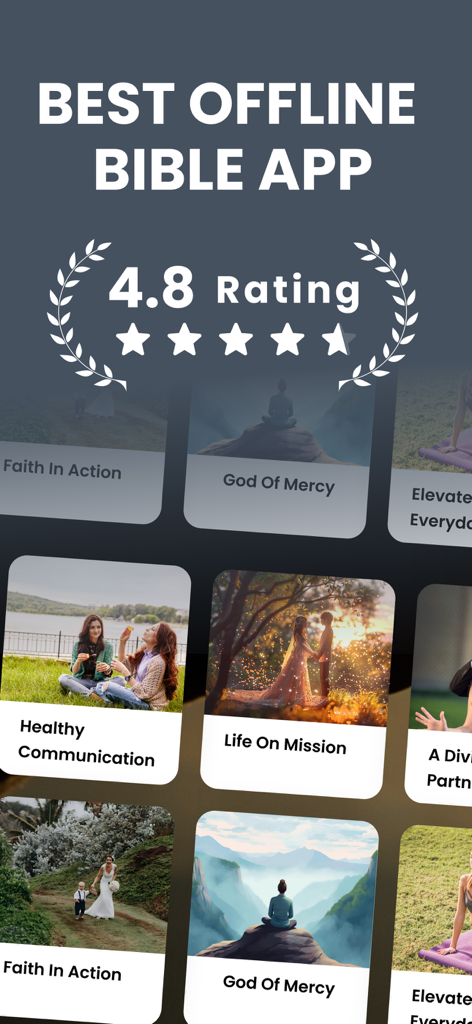 Holy Bible app screenshot showing a 4.8 star rating and devotional categories like Faith In Action and God Of Mercy.