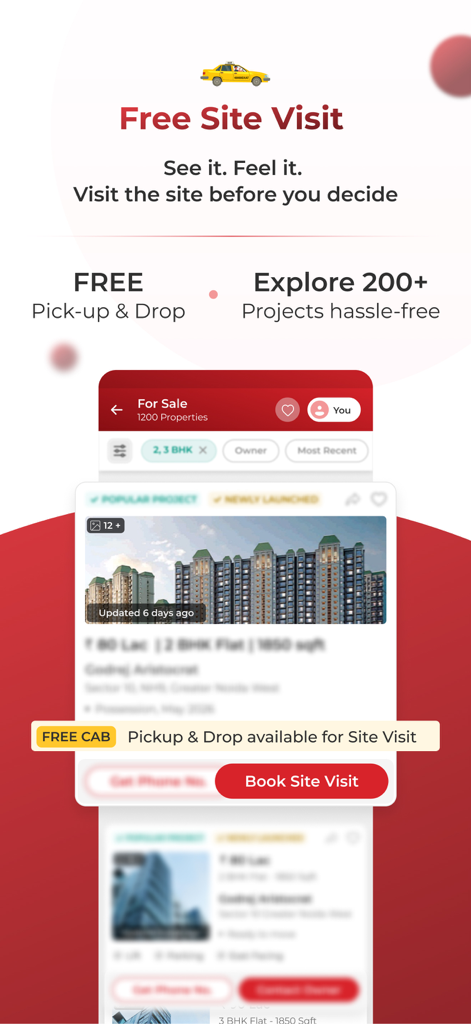 Magicbricks app interface showing free site visit booking with complimentary cab pickup and drop