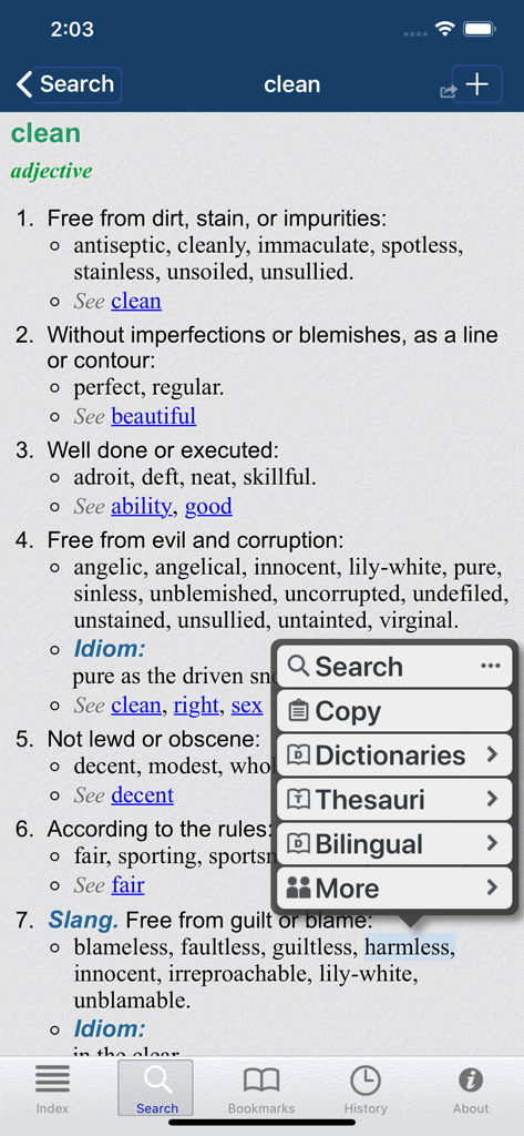 Roget's II: New Thesaurus - Screenshot of the Roget's II New Thesaurus app showing definitions and synonyms for the word clean