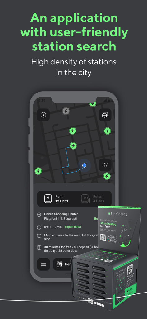 Mr. Charge - Mr. Charge app interface showing a map of nearby power bank rental stations and availability details