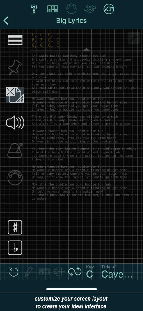 A customizable lyrics and chord chart interface in the Set List Maker app showing a song layout on a grid.