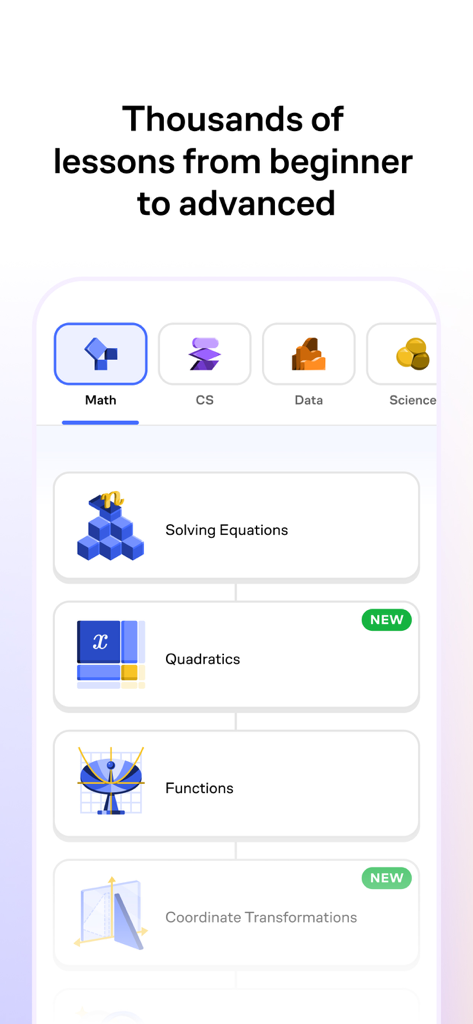 Brilliant app screen showing a catalog of interactive math lessons like solving equations and quadratics