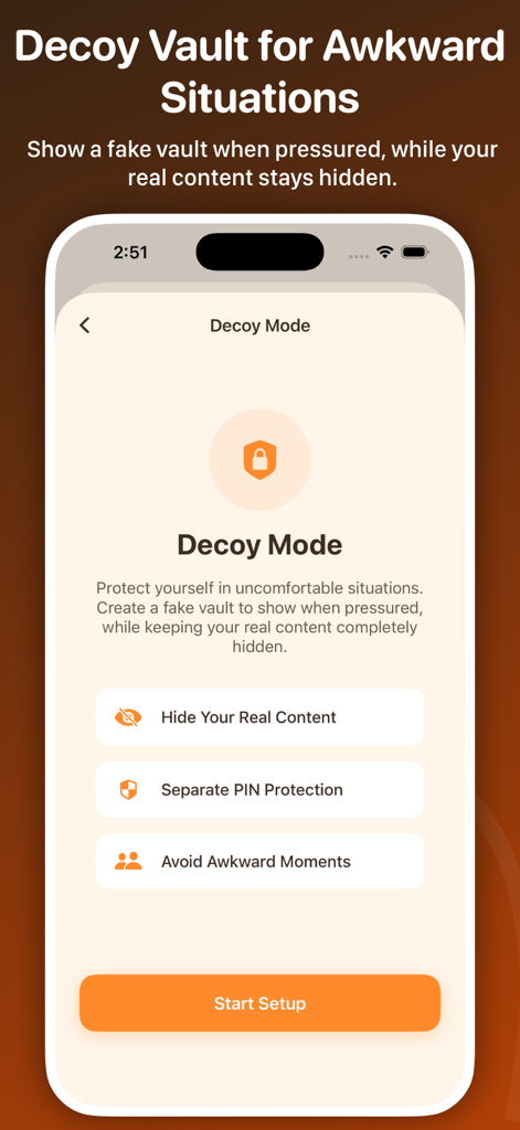Private Photo Vault: iLockBox - iLockBox Decoy Mode setup screen for creating a fake photo vault to protect real content