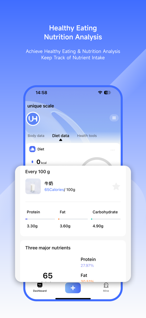 Unique Health app displaying a nutrition analysis for food including calories and macronutrients