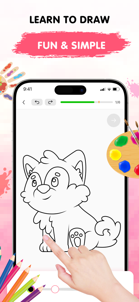 Easy Draw app showing a step by step tutorial to draw a cute dog on a smartphone screen