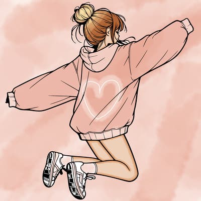 realistic girl jumping with a bun and oversized sweatshirt