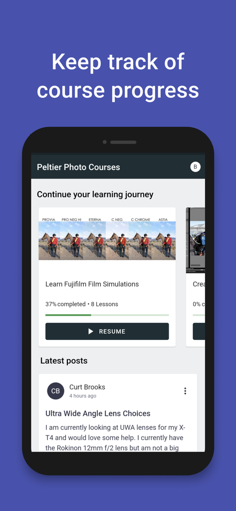 Peltier Photo Courses - Mobile app interface showing course progress for Fujifilm photography and a community forum with lens recommendations