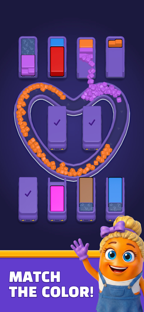 Loop Sort - Loop Sort mobile game screenshot showing colored cubes being sorted on a heart shaped conveyor belt