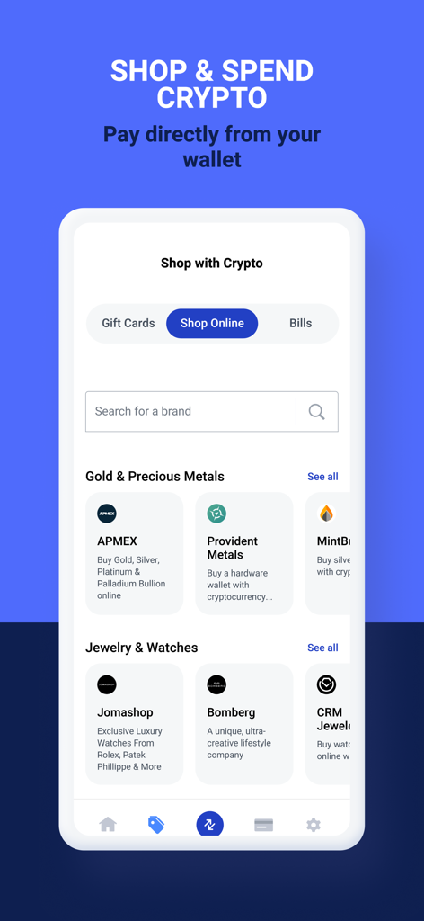 Pantalla de la aplicación BitPay que muestra opciones de compra con criptomonedas para tarjetas de regalo y minoristas en línea