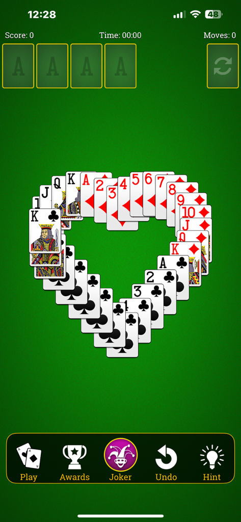 A mobile game screen of Solitaire showing playing cards arranged in a heart shape on a green table background.