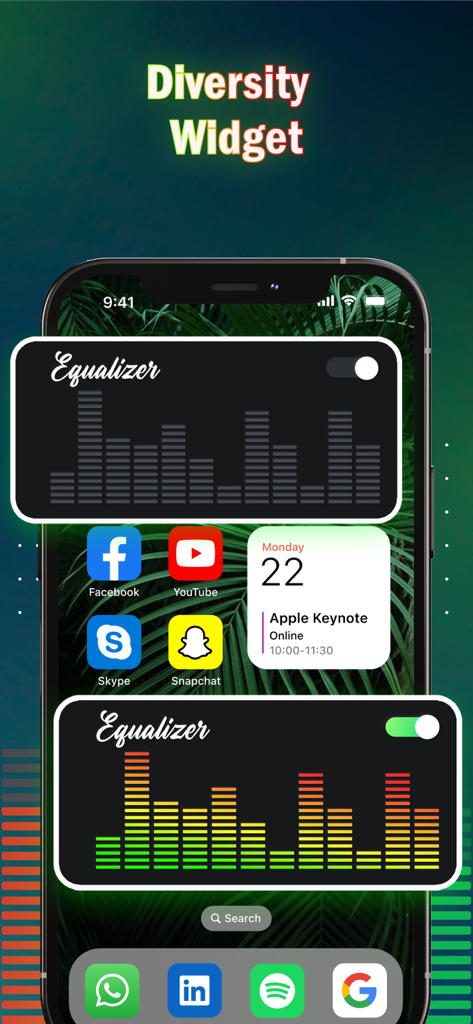 Tela inicial do iPhone mostrando diferentes estilos visuais para os widgets do aplicativo equalizador