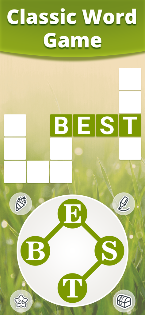 Ein Screenshot von Vita Kreuzworträtsel, der ein Kreuzwortgitter mit dem Wort BEST und einem Buchstabenrad auf einem ruhigen grünen Gras-Hintergrund zeigt
