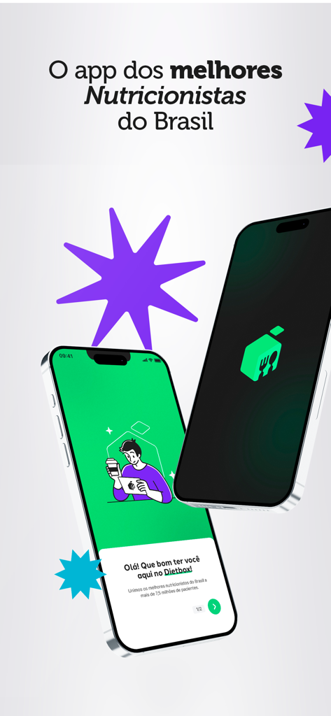 Dietbox - Two iPhones showing the Dietbox app welcome screen and nutritionist branding with a green background.