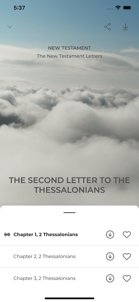 The AudioBible Superproduction app showing chapters for the Second Letter to the Thessalonians