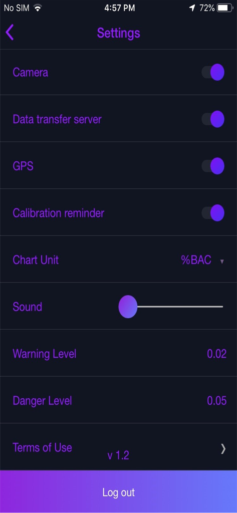 The settings screen of the i-SOBER app featuring toggles for camera, GPS, and blood alcohol content warning level configurations.
