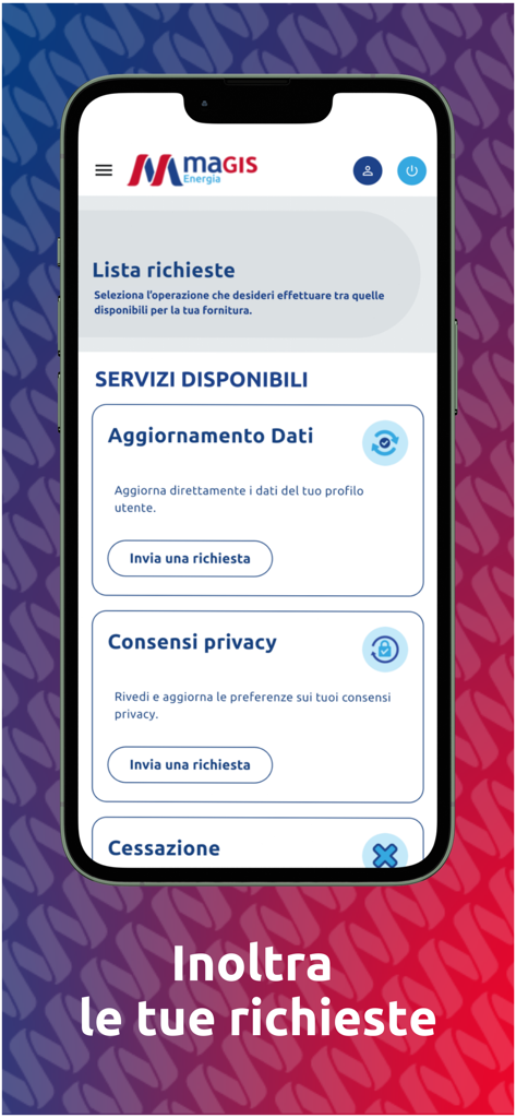Magis Energia - Magis Energia 앱 스크린샷, 데이터 업데이트 및 개인 정보 보호 동의와 같은 서비스 요청 관리를 위한 사용 가능한 서비스 목록 표시