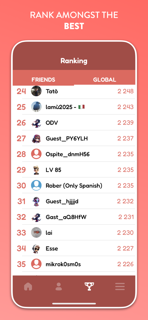QuizUp - The Game - Pantalla de tabla de clasificación de la aplicación móvil QuizUp que muestra las clasificaciones y puntuaciones de jugadores mundiales.