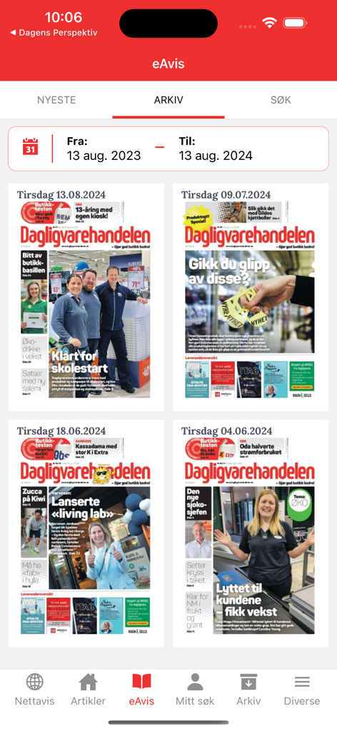 Dagligvarehandelen - Archive view of Dagligvarehandelen app showing covers of digital newspaper editions.