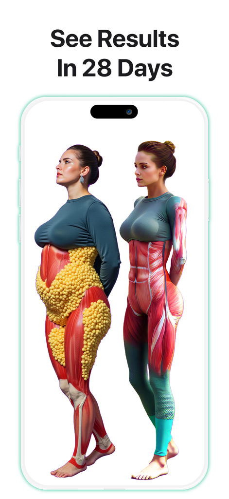 Fitonomy: Home & Gym Trainer - Before and after anatomical models showing weight loss and muscle toning results in 28 days
