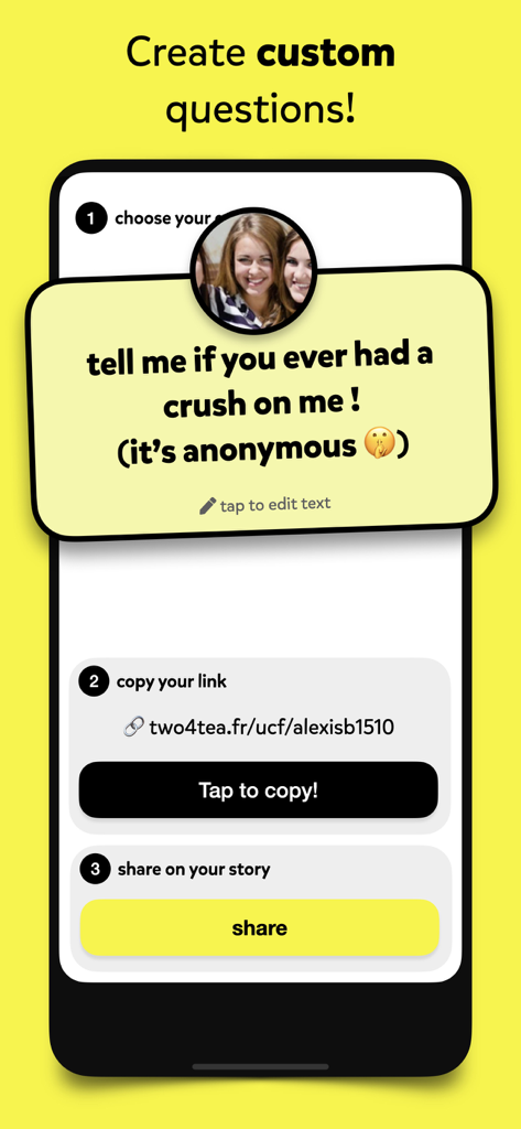 Not Gonna Lie - Interface of Not Gonna Lie app showing steps to create a custom anonymous question and share it to social media stories