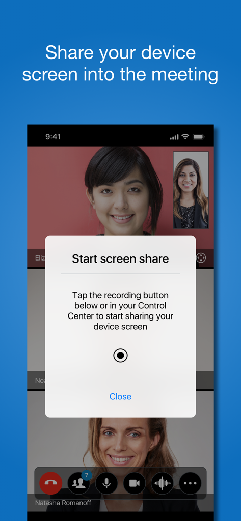 VidyoConnect - A video conference interface on a mobile device displaying a prompt to start screen sharing during a meeting.